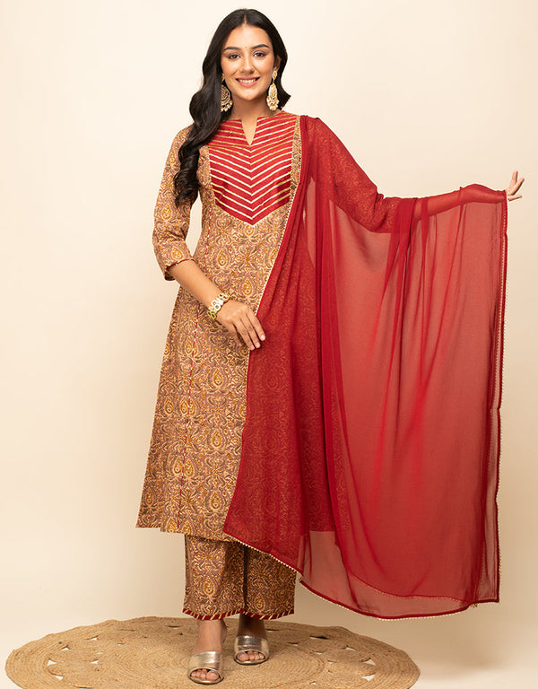 Trendy Designer Party Wear Readymade Salwar Suit Brown Cotton Pant Straight Front View