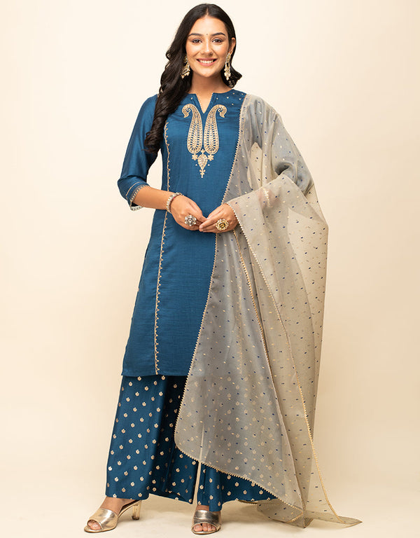 Trendy Designer Party Wear Readymade Salwar Suit Blue Silk Blend Palazzo Straight Front View