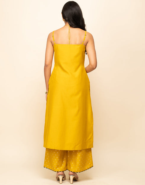 Trendy Designer Party Wear Readymade Salwar Suit Yellow Silk Blend Palazzo Straight Close-up View
