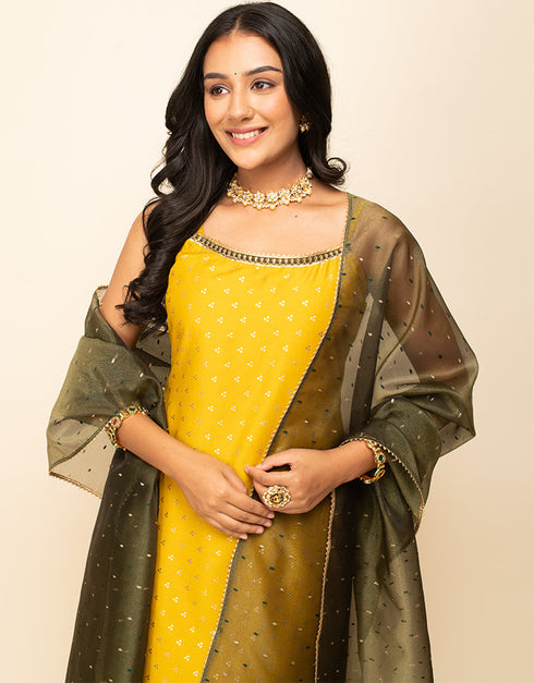 Trendy Designer Party Wear Readymade Salwar Suit Yellow Silk Blend Palazzo Straight Back View