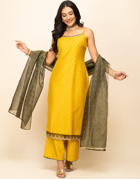 Trendy Designer Party Wear Readymade Salwar Suit Yellow Silk Blend Palazzo Straight Side View