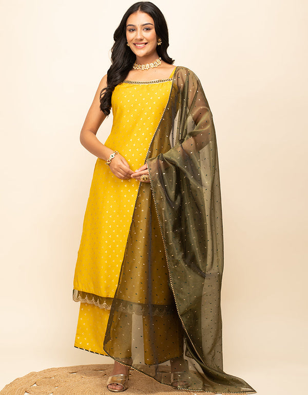 Trendy Designer Party Wear Readymade Salwar Suit Yellow Silk Blend Palazzo Straight Front View