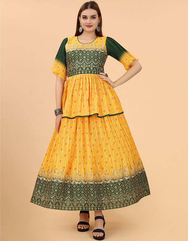 Trendy Party Wear Readymade Gown Yellow Silk Gown Front View