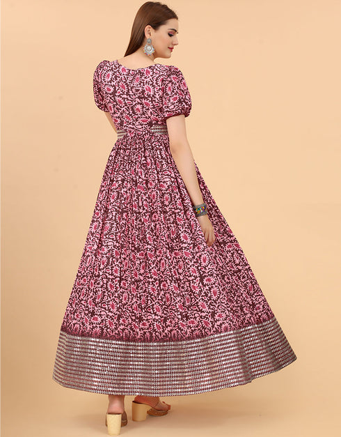 Trendy Party Wear Readymade Gown Wine Organza Gown Close-up View