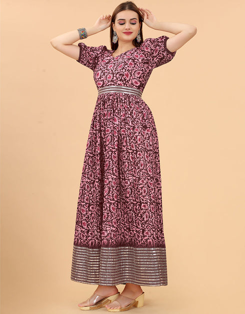 Trendy Party Wear Readymade Gown Wine Organza Gown Side View