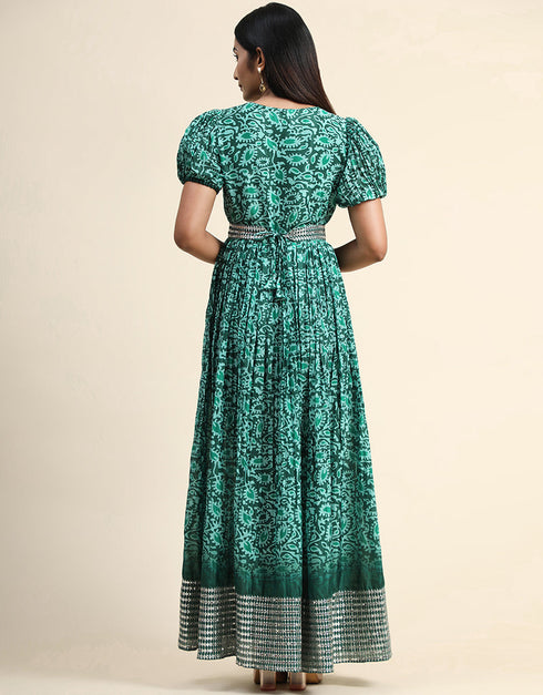 Trendy Party Wear Readymade Gown Green Organza Gown Close-up View