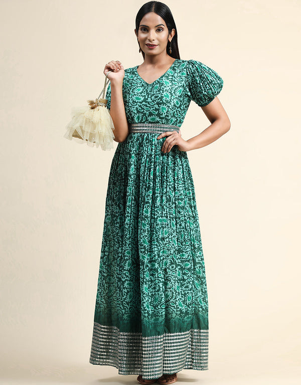 Trendy Party Wear Readymade Gown Green Organza Gown Front View