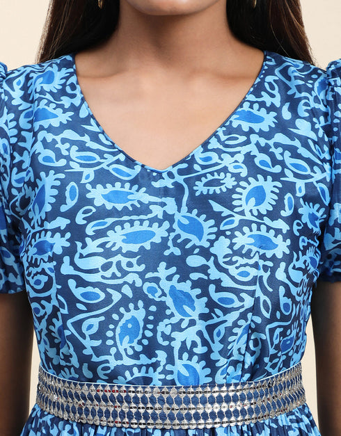 Trendy Party Wear Readymade Gown Blue Organza Gown Back View