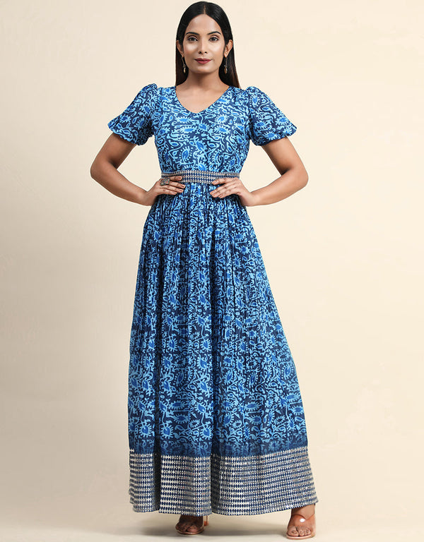 Trendy Party Wear Readymade Gown Blue Organza Gown Front View