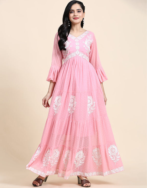 Trendy Party Wear Readymade Gown Pink Georgette Gown Front View