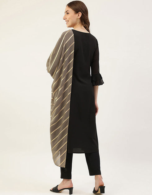 Designer Party Wear Readymade Salwar Suit Black Crepe Pant Straight Close-up View