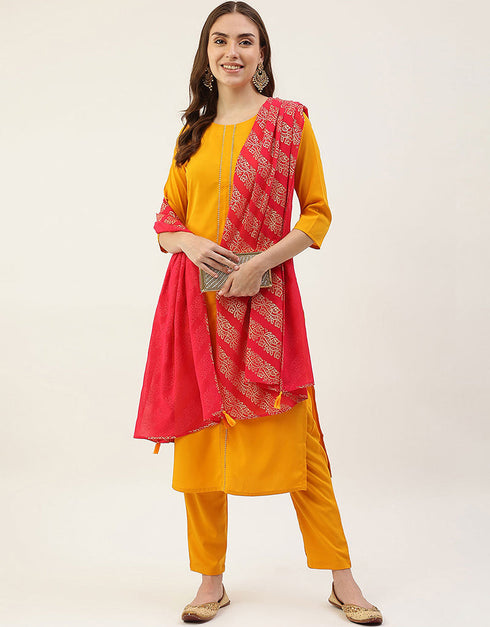 Designer Party Wear Readymade Salwar Suit Yellow Crepe Pant Straight Front View