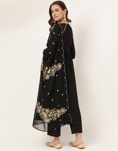 Designer Party Wear Readymade Salwar Suit Black Crepe Pant Straight Close-up View
