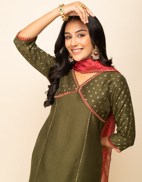 Designer Party Wear Readymade Salwar Suit Green Silk Blend Palazzo Straight Back View