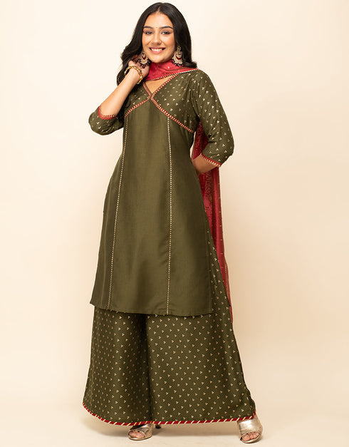 Designer Party Wear Readymade Salwar Suit Green Silk Blend Palazzo Straight Side View