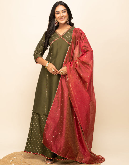 Designer Party Wear Readymade Salwar Suit Green Silk Blend Palazzo Straight Front View