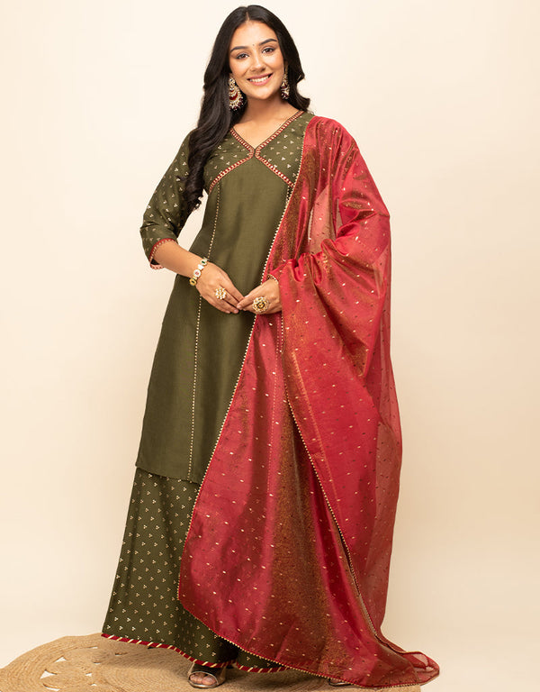 Designer Party Wear Readymade Salwar Suit Green Silk Blend Palazzo Straight Front View