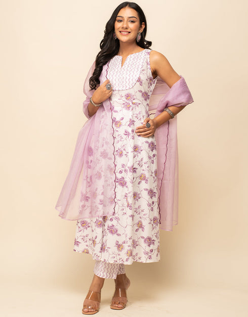 Designer Party Wear Readymade Salwar Suit White Cotton Pant Straight Front View