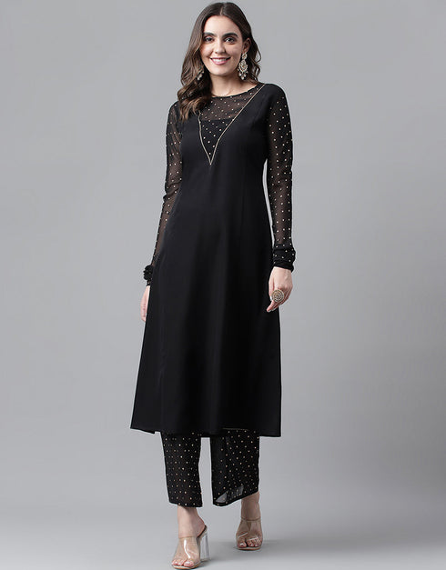 Designer Party Wear Readymade Salwar Suit Black Crepe Pant Straight Front View