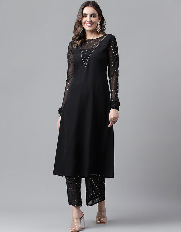 Designer Party Wear Readymade Salwar Suit Black Crepe Pant Straight Front View