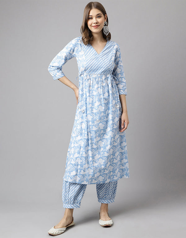 Designer Party Wear Readymade Salwar Suit Blue Cotton Pant Straight Front View