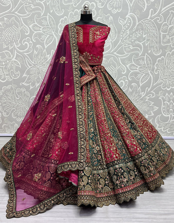 Heavy Designer Wedding Wear Bride Lehenga Choli Pink Velvet Lehenga Choli Front View