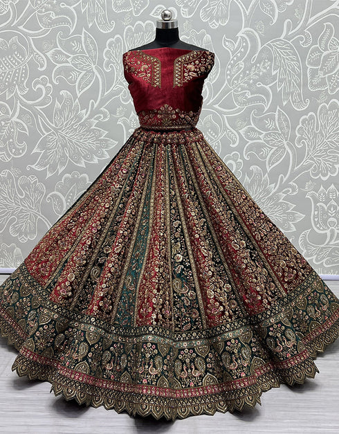 Heavy Designer Wedding Wear Bride Lehenga Choli Maroon Velvet Lehenga Choli Back View