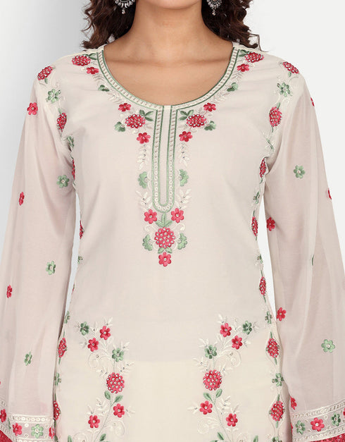 Designer Party Wear Readymade Salwar Suit White Georgette Pant Straight Back View