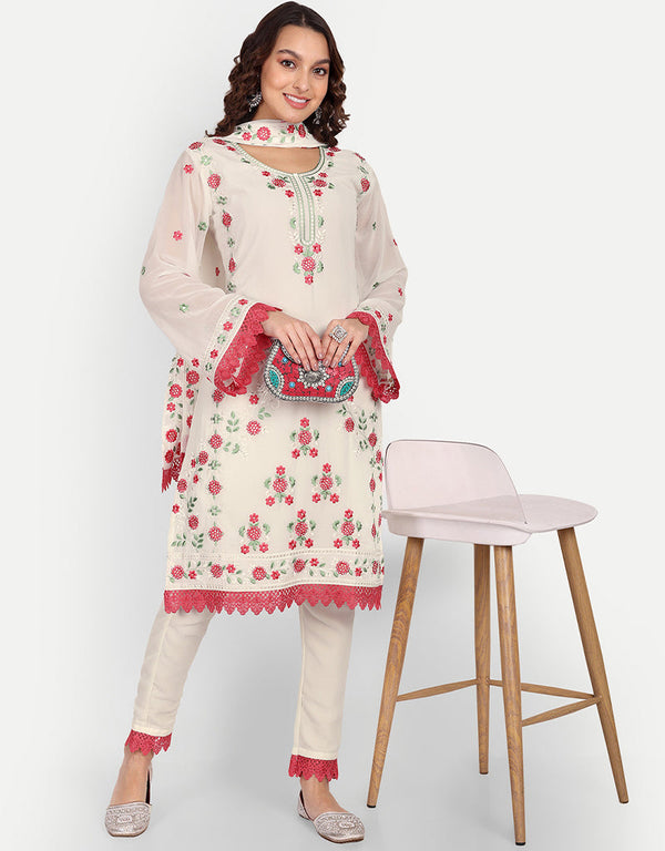 Designer Party Wear Readymade Salwar Suit White Georgette Pant Straight Front View