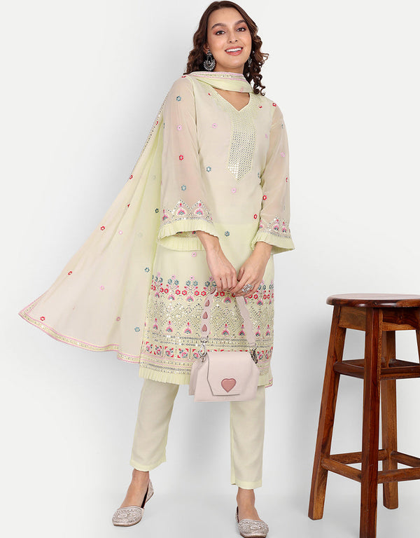 Designer Party Wear Readymade Salwar Suit Lime Georgette Pant Straight Front View