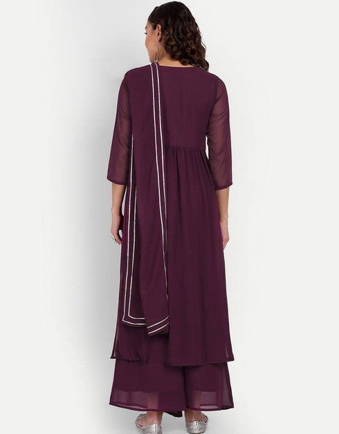Designer Party Wear Readymade Salwar Suit Wine Georgette Palazzo Straight Close-up View