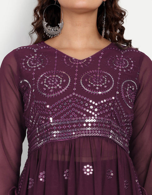 Designer Party Wear Readymade Salwar Suit Wine Georgette Palazzo Straight Back View