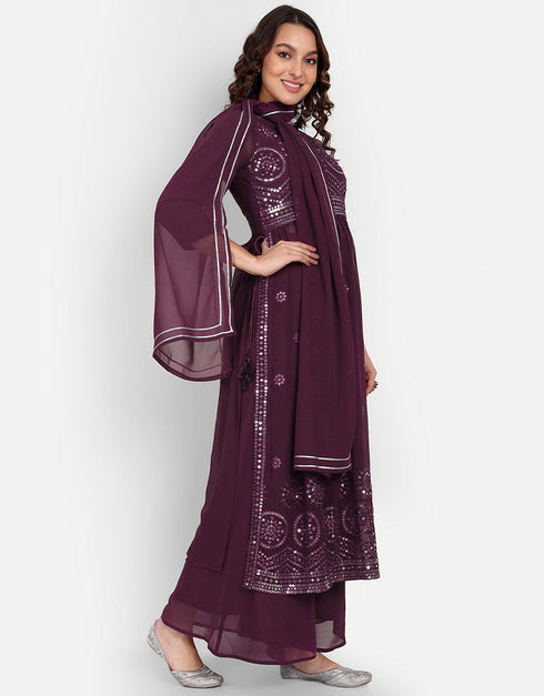 Designer Party Wear Readymade Salwar Suit Wine Georgette Palazzo Straight Side View