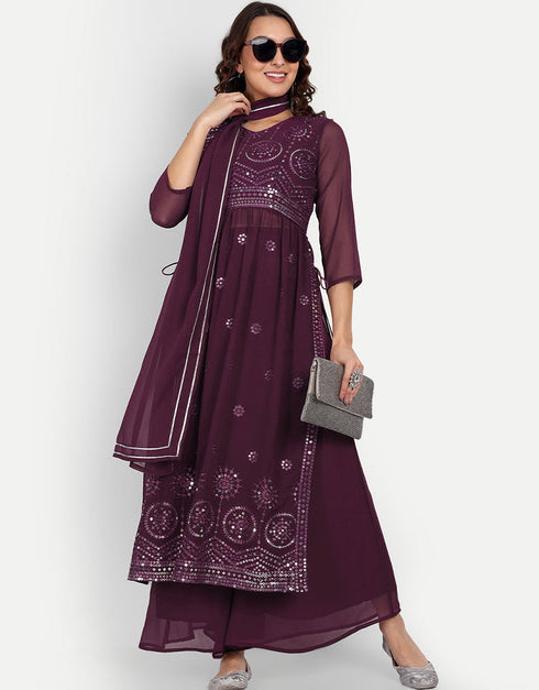 Designer Party Wear Readymade Salwar Suit Wine Georgette Palazzo Straight Front View