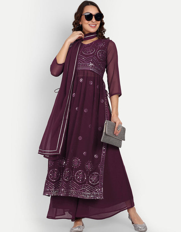 Designer Party Wear Readymade Salwar Suit Wine Georgette Palazzo Straight Front View