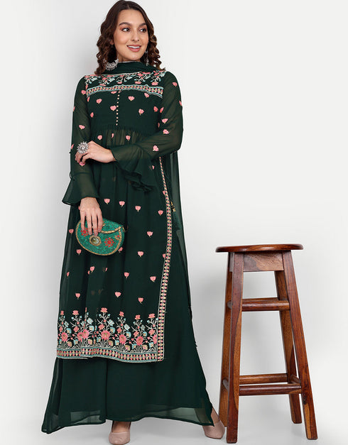 Designer Party Wear Readymade Salwar Suit Green Georgette Palazzo Straight Front View
