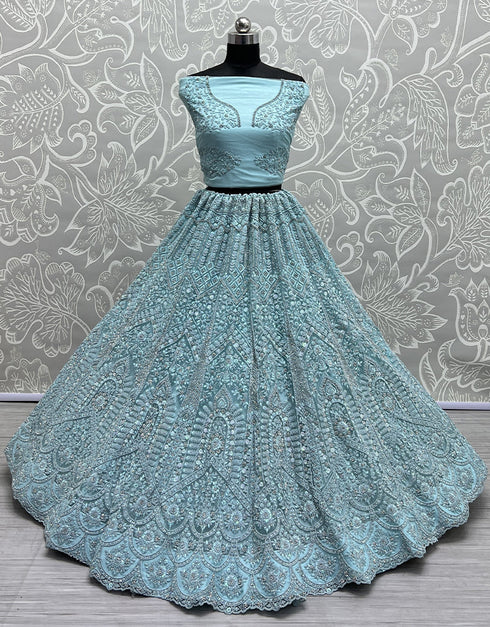 Heavy Designer Wedding Wear Bride Lehenga Choli Sky Blue Net Lehenga Choli Close-up View
