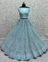 Heavy Designer Wedding Wear Bride Lehenga Choli Sky Blue Net Lehenga Choli Close-up View