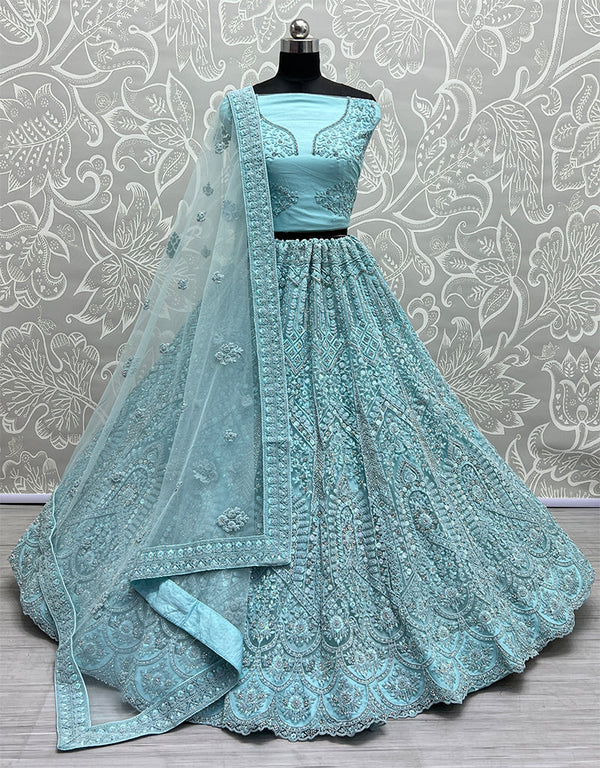 Heavy Designer Wedding Wear Bride Lehenga Choli Sky Blue Net Lehenga Choli Front View