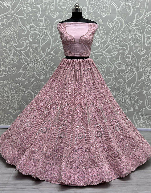 Heavy Designer Wedding Wear Bride Lehenga Choli Pink Net Lehenga Choli Close-up View