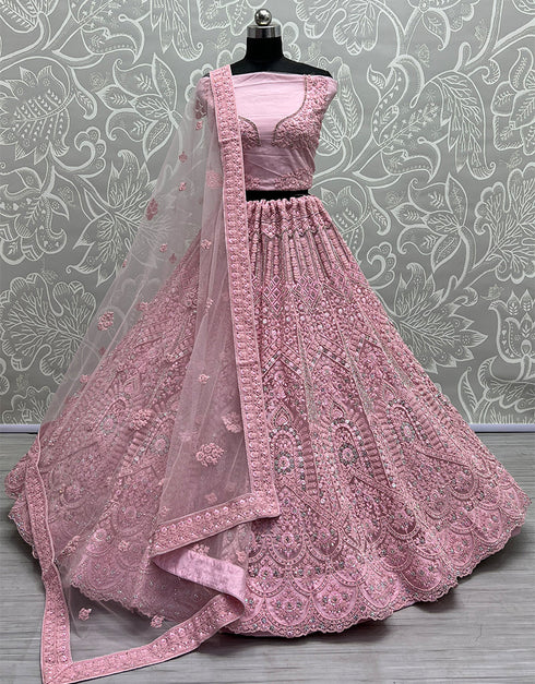Heavy Designer Wedding Wear Bride Lehenga Choli Pink Net Lehenga Choli Front View