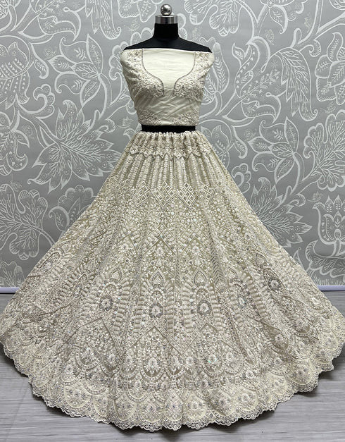 Heavy Designer Wedding Wear Bride Lehenga Choli Off White Net Lehenga Choli Close-up View