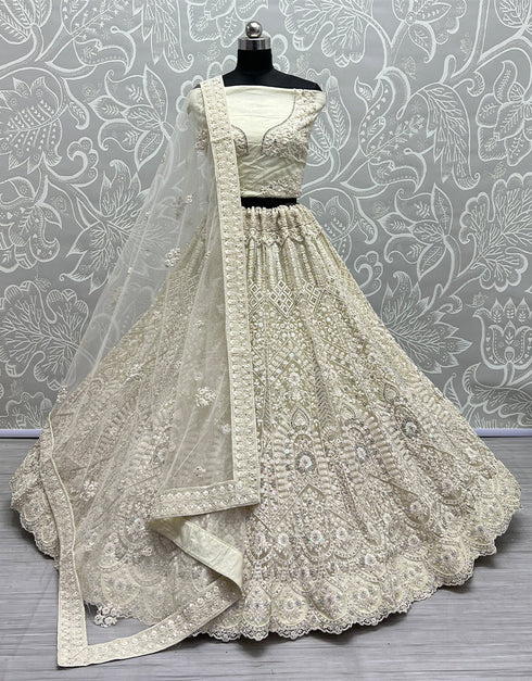 Heavy Designer Wedding Wear Bride Lehenga Choli Off White Net Lehenga Choli Front View