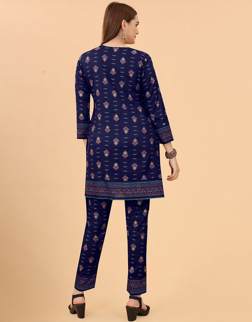 Designer Party Wear Readymade Salwar Suit Navy Blue Viscose Sharara Suit Close-up View