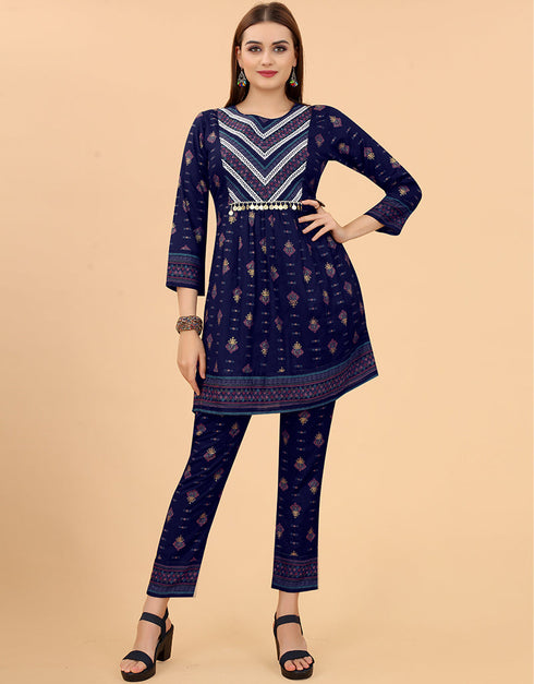 Designer Party Wear Readymade Salwar Suit Navy Blue Viscose Sharara Suit Front View