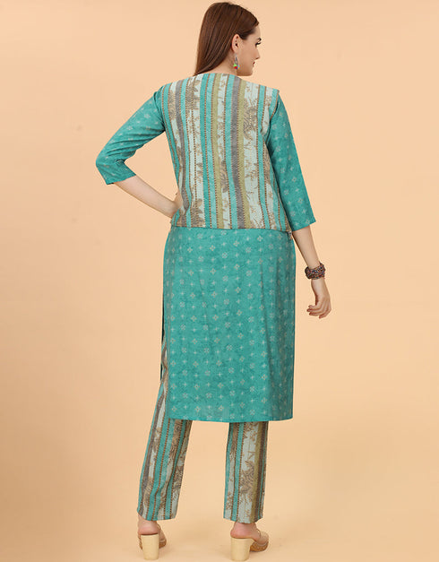 Designer Party Wear Readymade Salwar Suit Sea Green Viscose Sharara Suit Close-up View