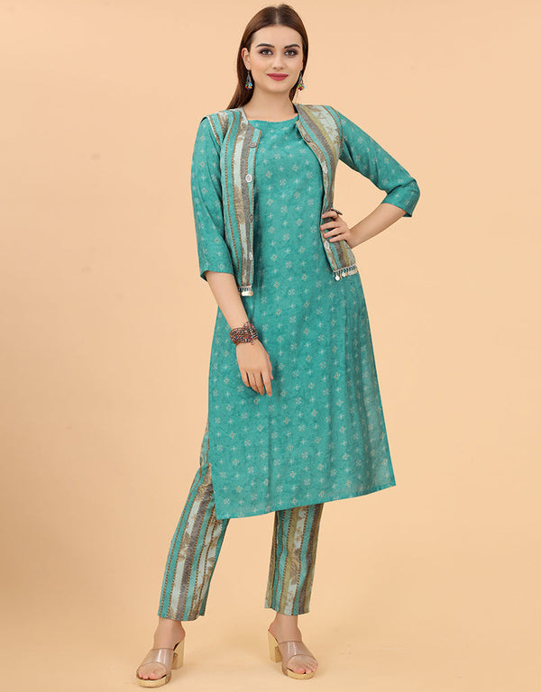Designer Party Wear Readymade Salwar Suit Sea Green Viscose Sharara Suit Front View
