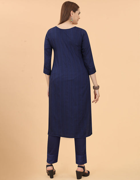 Designer Party Wear Readymade Salwar Suit Navy Blue Viscose Sharara Straight Close-up View