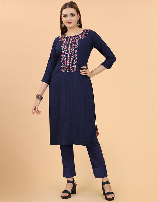 Designer Party Wear Readymade Salwar Suit Navy Blue Viscose Sharara Straight Front View
