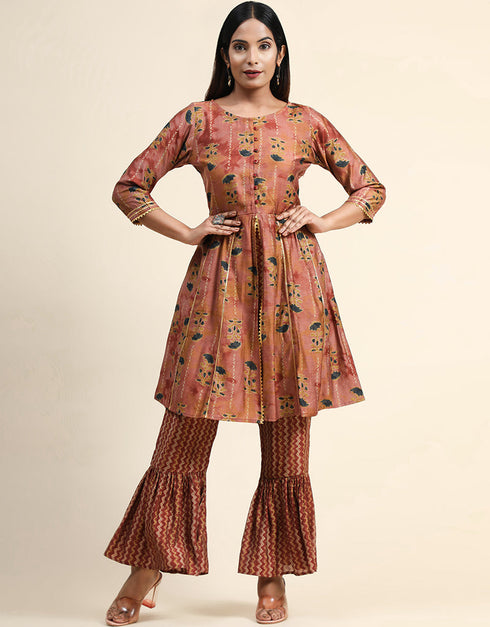 Designer Party Wear Readymade Salwar Suit Dusty Peach Viscose Sharara Straight Front View